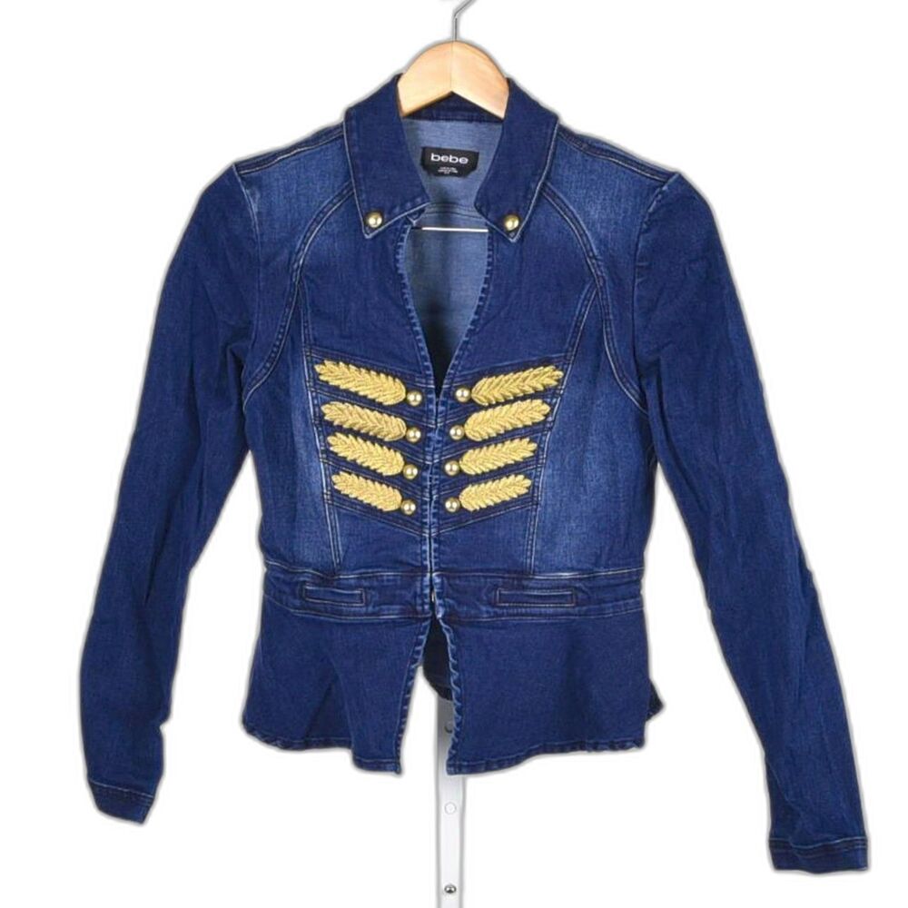 Bebe Denim Jean Structured Stretch Military Jacket Coat Size M